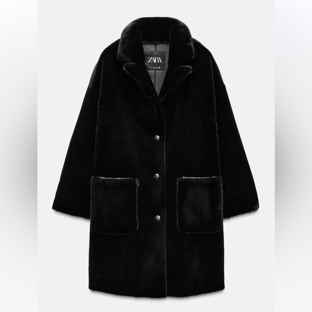 ZARA LONG FAUX FUR COAT ZW COLLECTION XS BLACK WINTER JACKET 3833/242